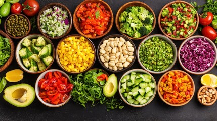 Fototapeta premium A vibrant arrangement of fresh vegetables and herbs in bowls, showcasing a colorful variety of healthy ingredients.