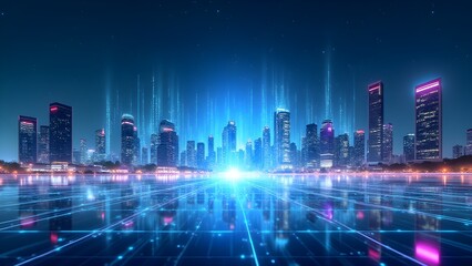 Obraz premium Futuristic Cityscape with Digital Data Streams and Reflections on the Water at Night