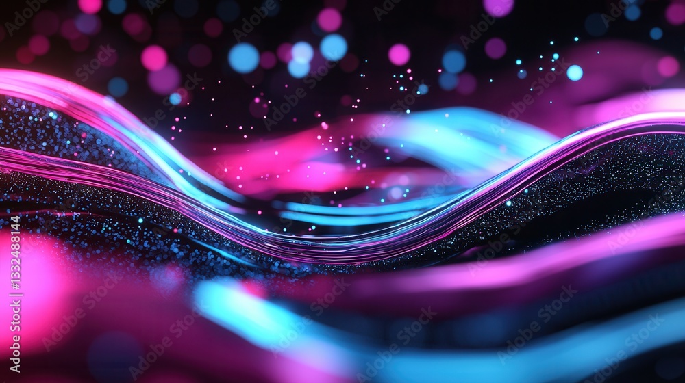 Poster vibrant neon wave lines in shades of pink and blue creating a mesmerizing and futuristic bokeh effec