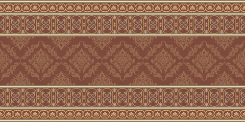 Seamless golden brown Damask fabric pattern, luxurious symmetrical floral pattern, decorative border, suitable for textile design, wallpaper or background.
