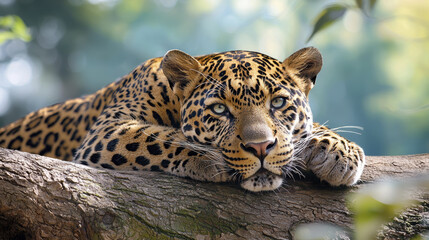Naklejka premium Majestic leopard resting on tree branch, showcasing its beautiful spots and intense gaze