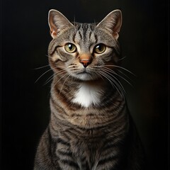 Elegant tabby cat portrait showcasing expressive eyes against a dark backdrop