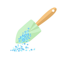 Blue granular fertilizer spilling out of gardening shovel. Vector cartoon flat illustration