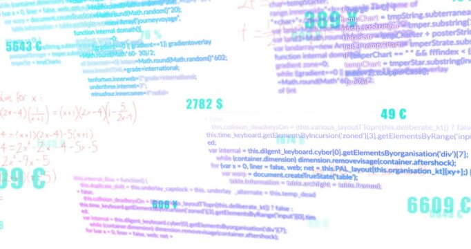 Animation of mathematical equations and programming code overlapping on digital screen