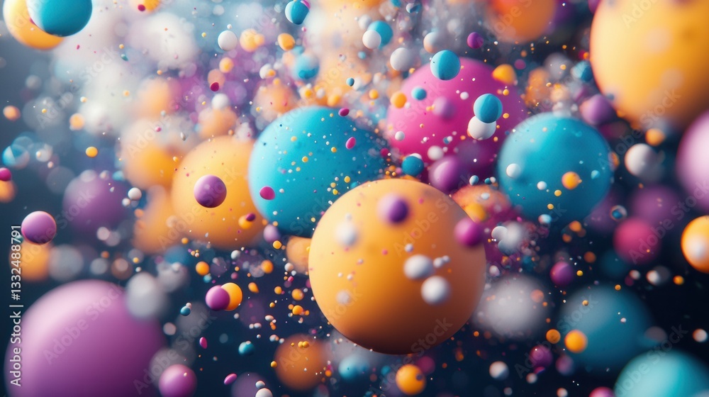 Poster multicolored translucent spheres and balls of various sizes floating in a visually striking dynamic 