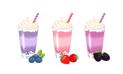 Milkshake set. Vector cartoon illustration of berry cocktail with whipped cream in glass cup. Summer drink flat icon. Blueberry, strawberry and blackberry dairy dessert.
