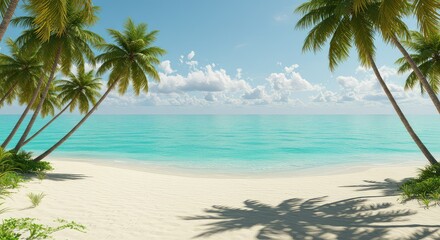 Obraz premium Tropical Paradise: Idyllic Beach Scene with Lush Palm Trees and Turquoise Waters
