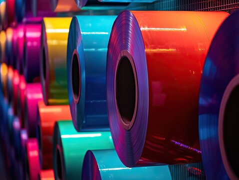 Vibrant Rolls of Colorful Industrial Printing Material with Reflective Glossy Surfaces