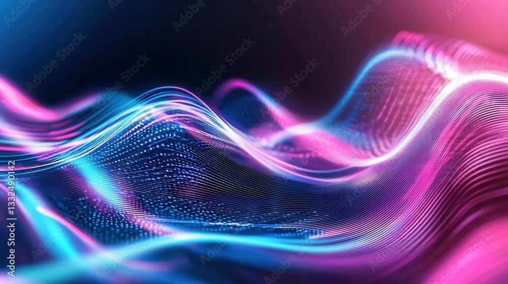 Poster mesmerizing waves of luminous neon lines flow and pulsate across a dynamic digital canvas creating a