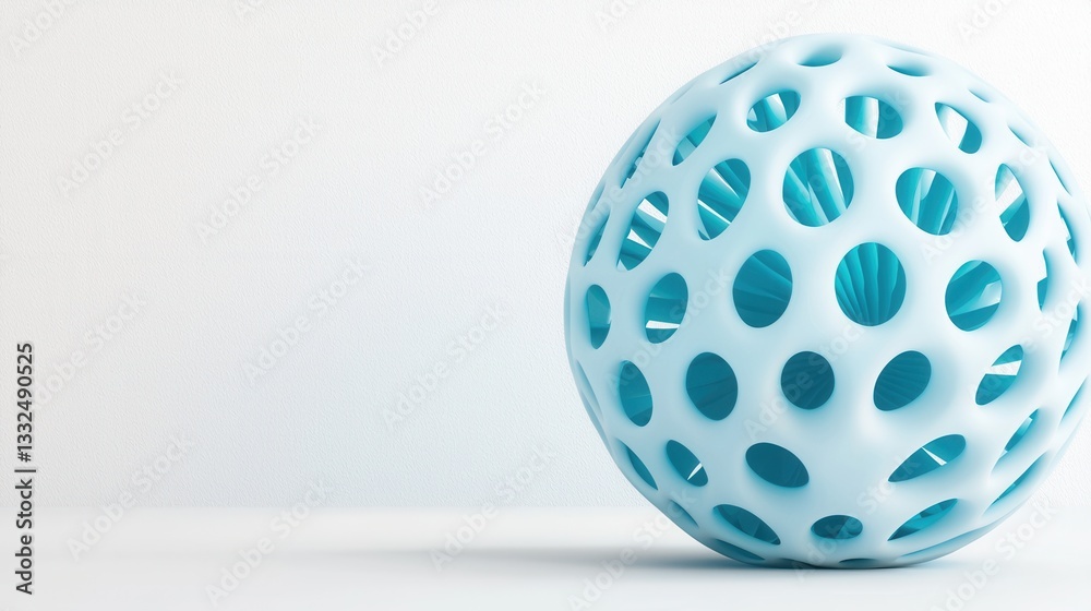 Poster a minimalist futuristic 3d rendering of a hollow transparent blue sphere with an intricate pattern o