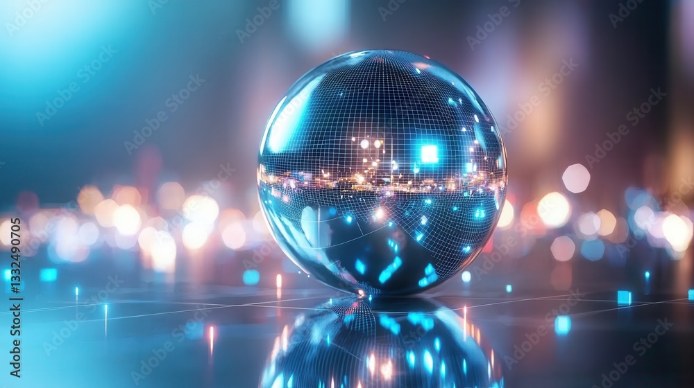 Poster a captivating 3d wireframe sphere with a luminous reflective surface creating a mesmerizing display 