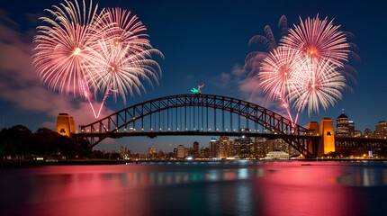 Iconic Sydney Harbour Bridge Framed by Vibrant Fireworks: Perfect for Australia Day Messages