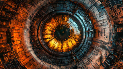 Futuristic cybernetic eye with glowing iris surrounded by intricate mechanical details, symbolizing AI, technology, and surveillance