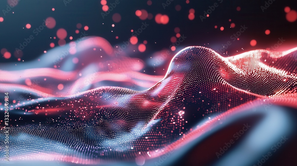 Poster vibrant and dynamic abstract landscape composed of glowing particles waves and neon like lines creat
