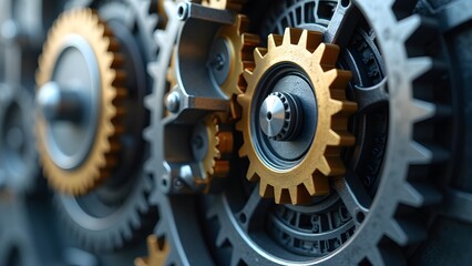 Intricate gears and cogs, a close-up view of a complex mechanical system, ideal for industrial and engineering concepts.