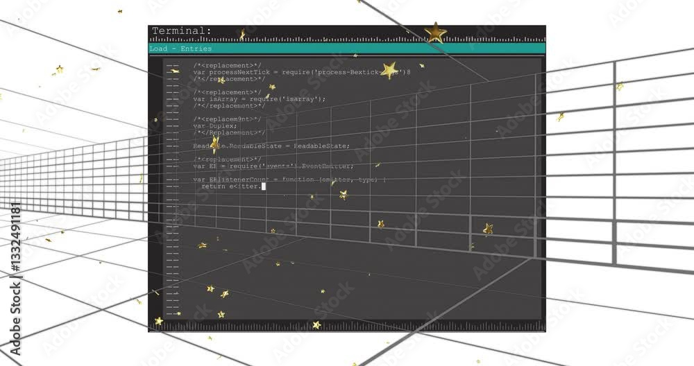 Poster code editor interface with floating golden stars animation over grid lines