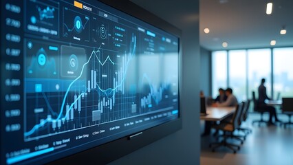 Fototapeta premium Financial Data Visualization on Screen in Modern Office with Business Team Analyzing Stock Market Charts