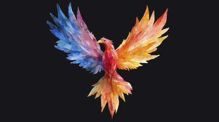 Obraz premium Colorful phoenix illustration with vibrant wings in blue, red, and yellow, symbolizing rebirth and transformation