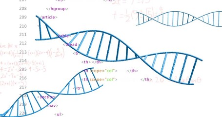 In school, animation of DNA strands intertwining with HTML code for bioinformatics - Powered by Adobe