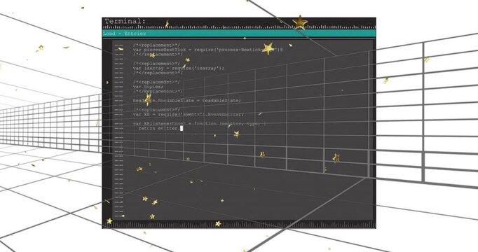 Code editor interface with floating golden stars animation over grid lines