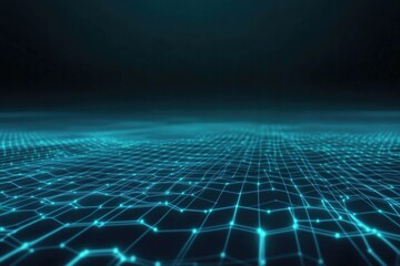 Obraz premium futuristic cyan-blue digital grid with abstract hexagonal patterns illuminated in neon over black gradient