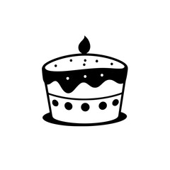 Minimalist Black and White Illustration of a Two-Layer Cake with Candle, Dotted Decoration, and Simple Design on White Background.