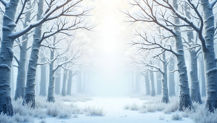 Naklejka premium Magical Winter Trees Pattern: Frosty Birch Trees, Delicate Snowflakes & Icy Textures for Enchanting Design in Photo Stock with Empty Space on Left Side