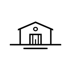 Simple Black and White Linear Icon of a Gable-Roofed Building with a Door and Minimalist Aesthetic.