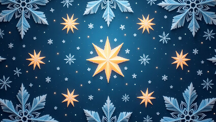 Frosty snowflake and Christmas star seamless tile pattern with luminous winter elements concept as Luminous Christmas stars paired with frosty snowflakes create a seamless tile pattern with bright win