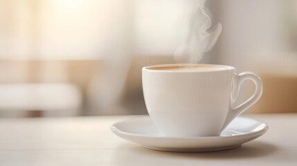 steaming cup of coffee on saucer, creating cozy atmosphere