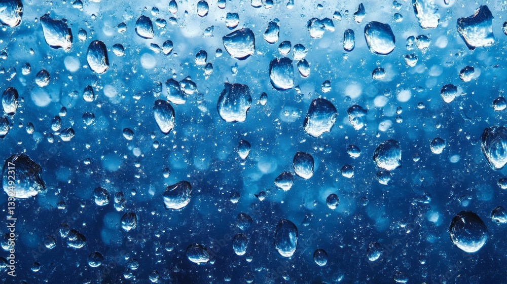 Aufkleber Soft raindrops cling to a windowpane, creating a mesmerizing pattern against a blurred backdrop. The gentle patter of rain outside evokes a calming atmosphere, inviting reflection