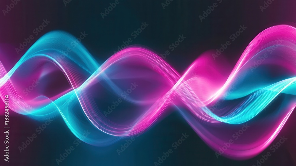 Poster striking digital artwork featuring dynamic luminous neon waves that flow and intertwine creating a c