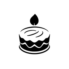 A minimalistic, grayscale illustration of a birthday cake with a single flame candle atop, set against a stark white background.