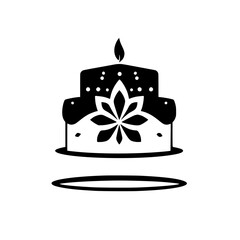 Minimalist Two-Tiered Birthday Cake Illustration with a Floral Motif and a Burning Candle, in Black and White.