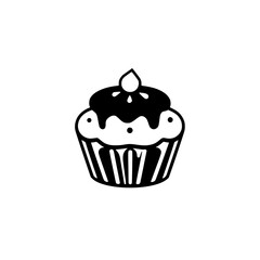 A minimalist black and white illustration of a single cupcake, featuring a swirl of frosting, a chocolate topping, and a simple liner.