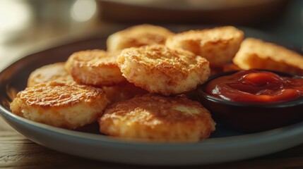 A plate of crispy hash brown patties served with ketchup, styled with warm tones and cozy textures