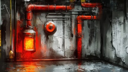 A stylized illustration of red pipes inside a room