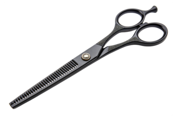 Black hairdressing scissors isolated on transparent background