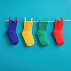 Colorful socks hang on a clothesline against a vibrant blue background, showcasing a playful and cheerful aesthetic.
