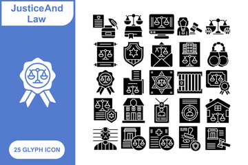 Justice and Law glyph icon set, Collection of 25 Glyph Justice and Law - 25 Stylish Icons for Court, Legal, and Authority
