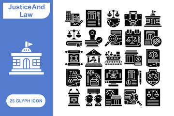 Justice and Law glyph icon set, Collection of 25 Glyph Justice and Law - 25 Stylish Icons for Court, Legal, and Authority
