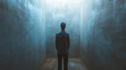 Fototapeta premium Lone male in dimly lit concrete room looking up at light source