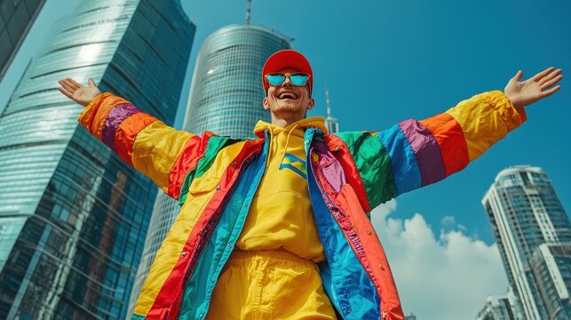 Joyful man in rainbow jacket poses in city