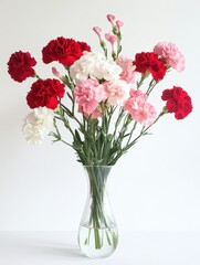A Beautiful Arrangement of Colorful Carnations in a Glass Vase on a White Background Perfect for Celebrations and Decorative Purposes