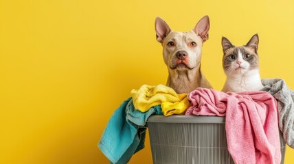 Obraz na płótnie Canvas A playful dog and cat sit together in a laundry basket filled with colorful towels against a bright yellow background.
