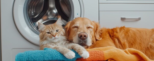 A cozy scene featuring a cat and dog resting together on colorful towels near a washing machine in a home setting.