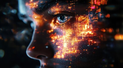 Futuristic close-up of a young female with technology reflections on face