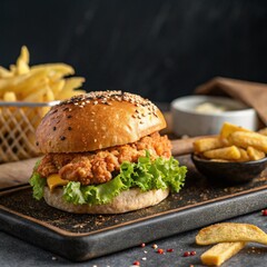 Delicious Chicken Burger and Crispy Chips on Dark Wooden Table
