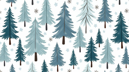Classic Winter Trees Seamless Pattern Featuring Tall Pine Trees with Frosted Branches and Snowflakes - Timeless Winter Aesthetic for Photo Stock with Empty Space on the Left Side