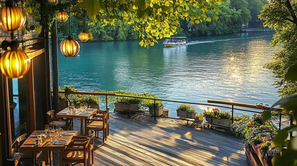 Fototapeta premium Outdoor waterside restaurant setting with tables and beautiful scenery